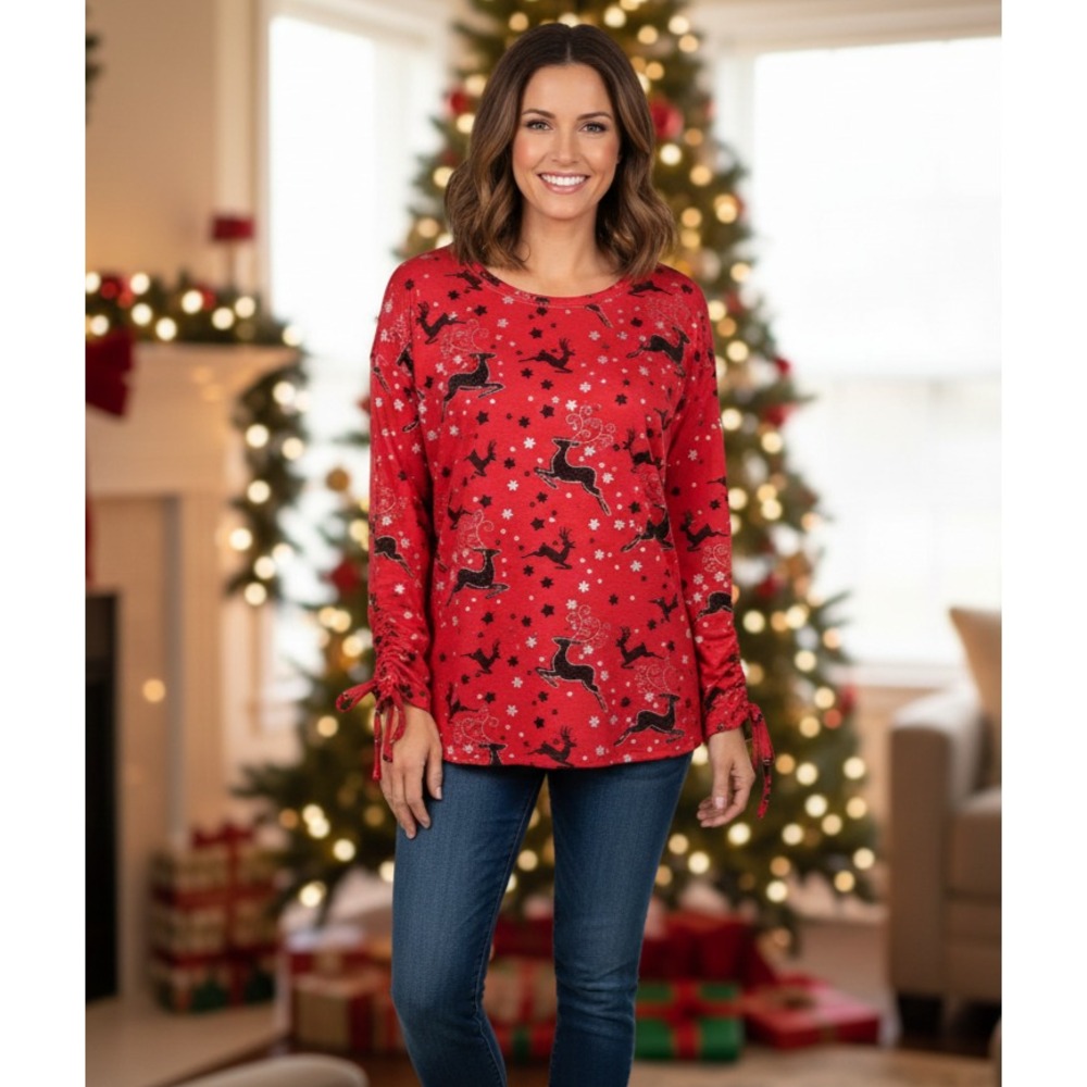 Onque L Top Womens Reindeer Sparkly Knit Festive Christmas Holiday Casual Lounge